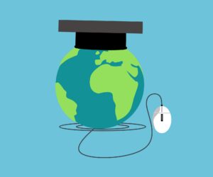 A globe designed as a computer mouse, adorned with a graduation cap, representing the fusion of technology and learning.